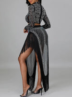 Studded Sheer Top & Fringe Skirt Set